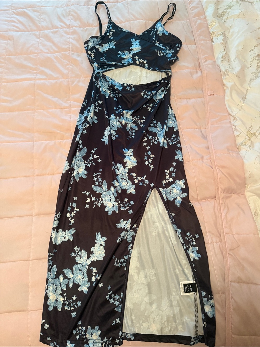 SHEIN Black Maxi Dress with Light Blue Floral Print